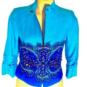 Anthracite Teal Blue Zip Front Jacket Classy Cotton Blazer Pockets Sz S NWT